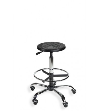 Taboret laboratoryjny na kółkach, z podnóżkiem - PurTab chrome H+RING WH