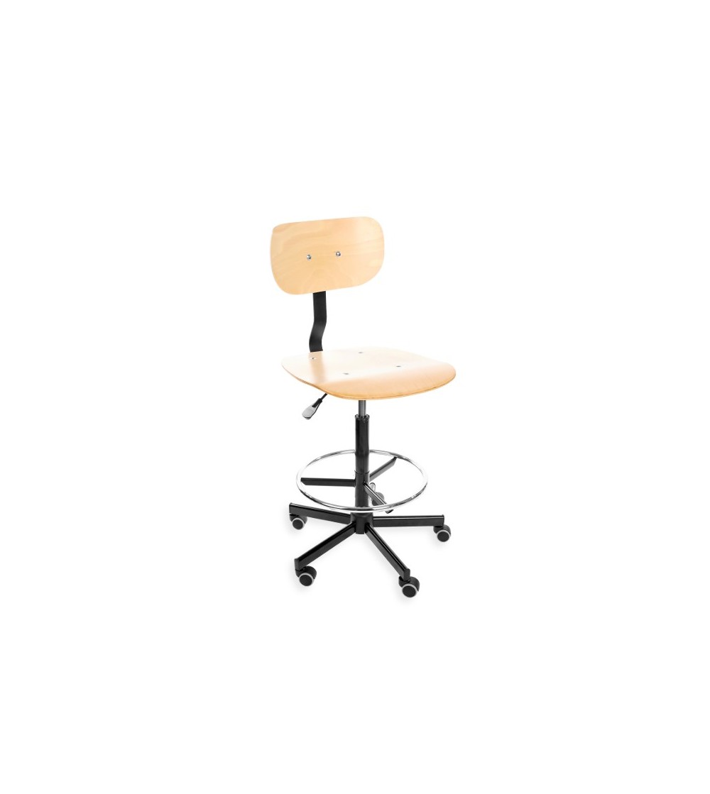 Ergonomiczne krzesło warsztatowe Black 01, ze sklejki, podnóżek, kółka