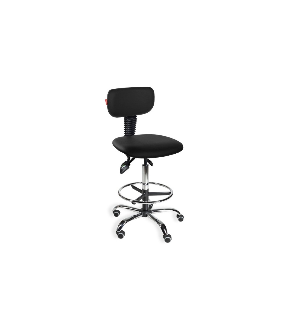 Krzesło warsztatowe z podnóżkiem, wysokie, na kólkach Black Eco chrome asynchro H + RING WH