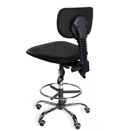 Krzesło warsztatowe z podnóżkiem, wysokie, na kólkach Black Eco chrome asynchro H + RING WH
